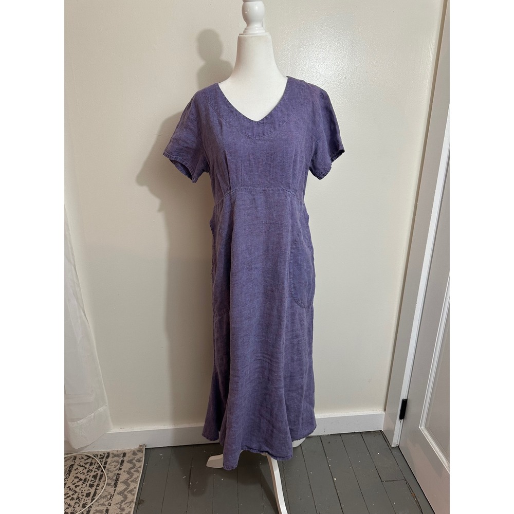 FLAX Purple 100% Linen V-Neck Short Sleeve Maxi Dress with Pockets Size Petite